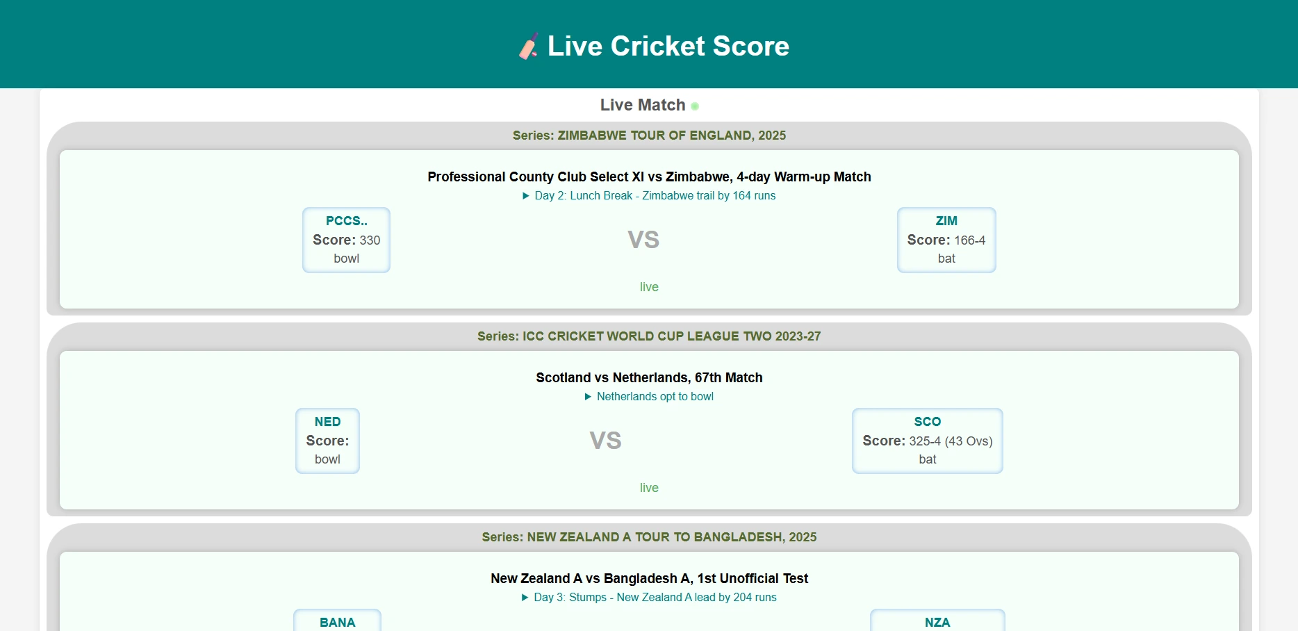Live cricket score web application interface