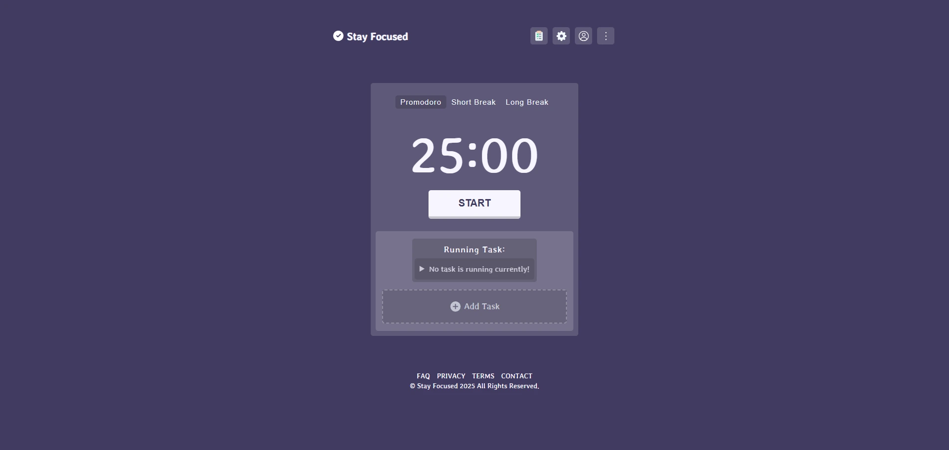 Promodoro timer web application interface
